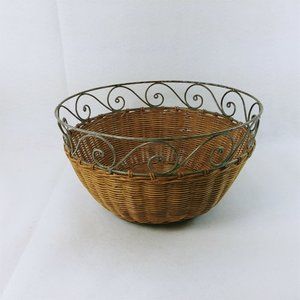 Wicker Basket With Scrolled Metal Rim Metal Base 11 1/2 Dia